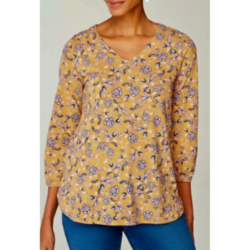 Pure Jill J. Jill Mustard Yellow Floral V-Neck 3/4 Sleeve Cotton Modal Top L